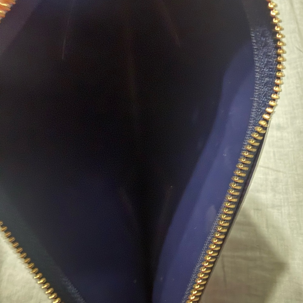 Tory Burch Navy and White Gingham Zip Pouch with Gold Logo - Picture 3 of 3